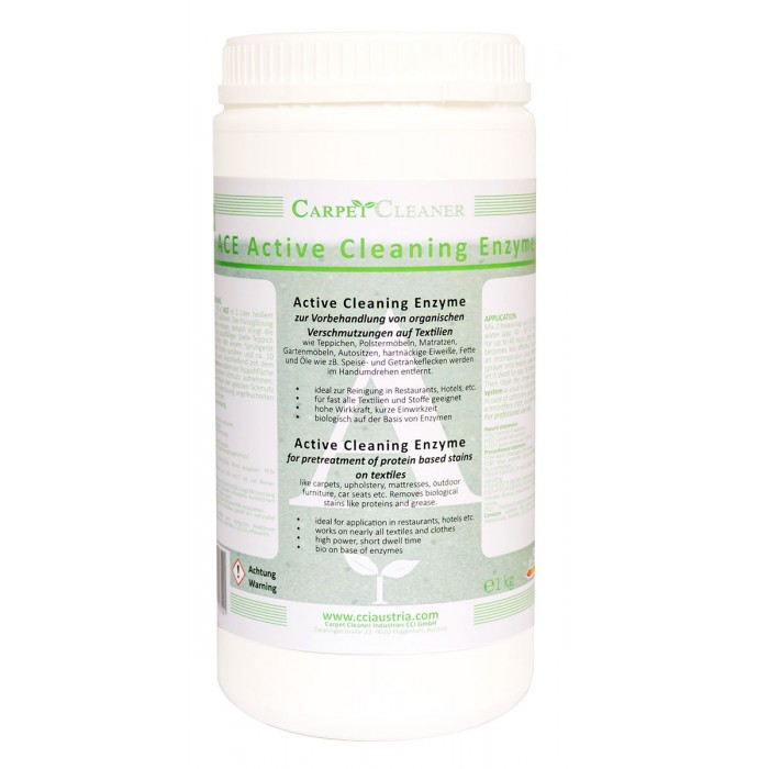 ACE, active enzyme for cleaning fat and protein stains, from carpets, rugs, furniture upholstery