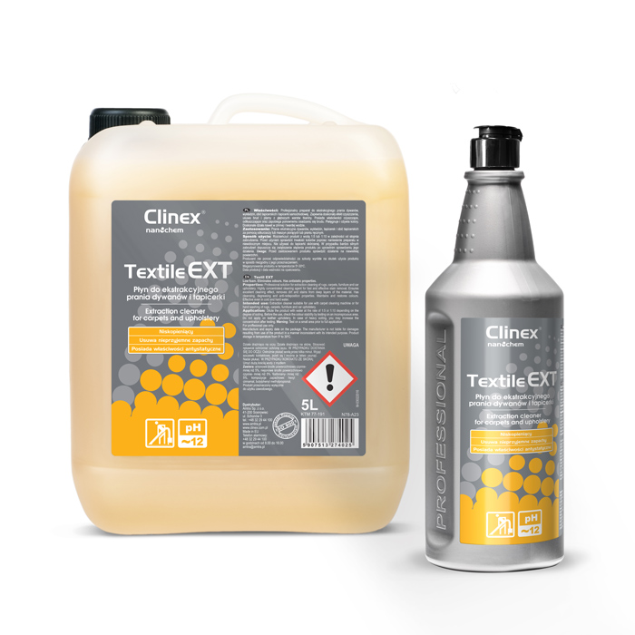 Clinex Textile EXT , Προϊόν για την απομάκρυνση ρύπων από χαλιά και ταπετσαρίες 1L , 5L