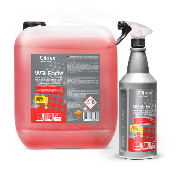 Clinex W3 Forte, έτοιμο προς χρήση ισχυρό προϊόν για τον καθαρισμό τουαλετών και μπάνιων, 1L, 10L
